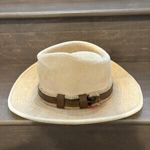 Vintage YA Longhorn Cowboy Hat‎ Men Med Tan Velour Faux Leather Band Size 7 1/4